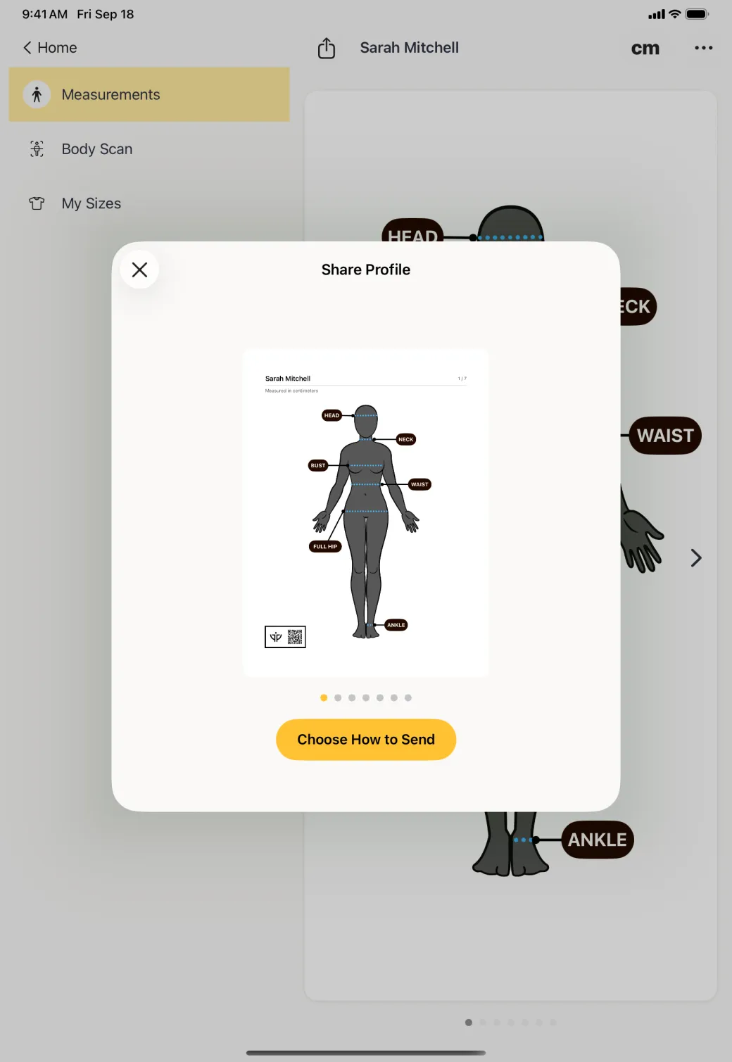 Share Profile card centred over the dimmed profile, showing a page preview headed Sarah Mitchell, page one of seven, Measured in centimeters, a labelled avatar and a QR code, above a gold Choose How to Send button.