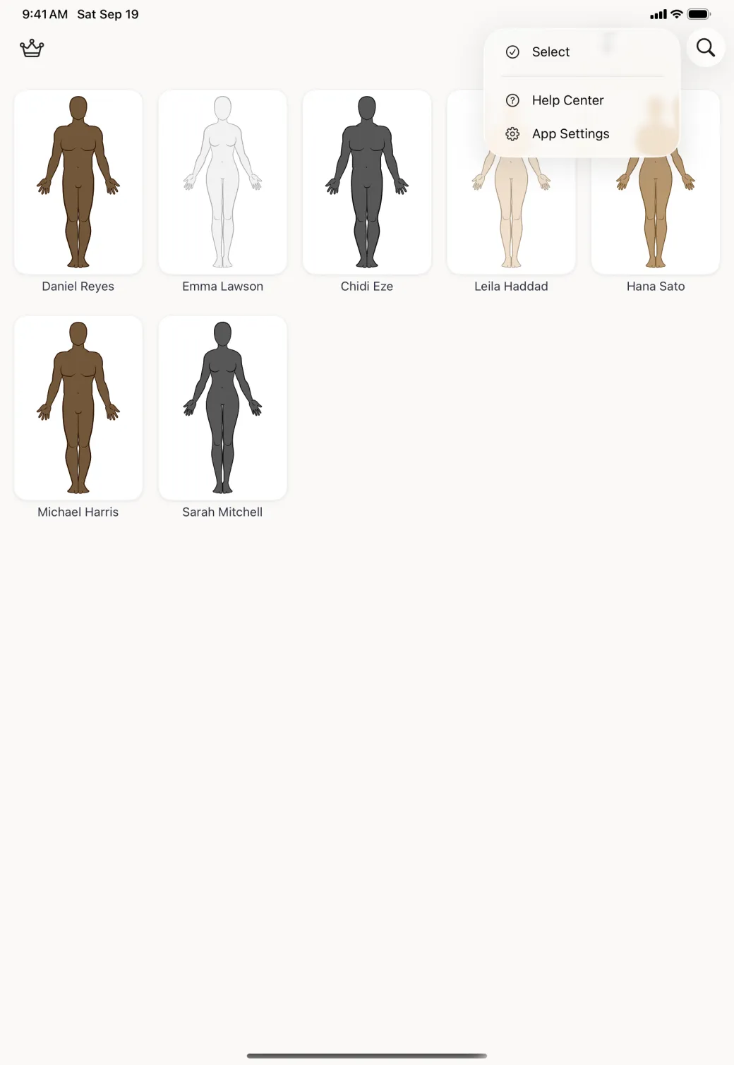 Home screen with a small menu open under the three dot button showing Select above a divider, then Help Center and App Settings, over a grid of seven profile cards laid out five to a row.
