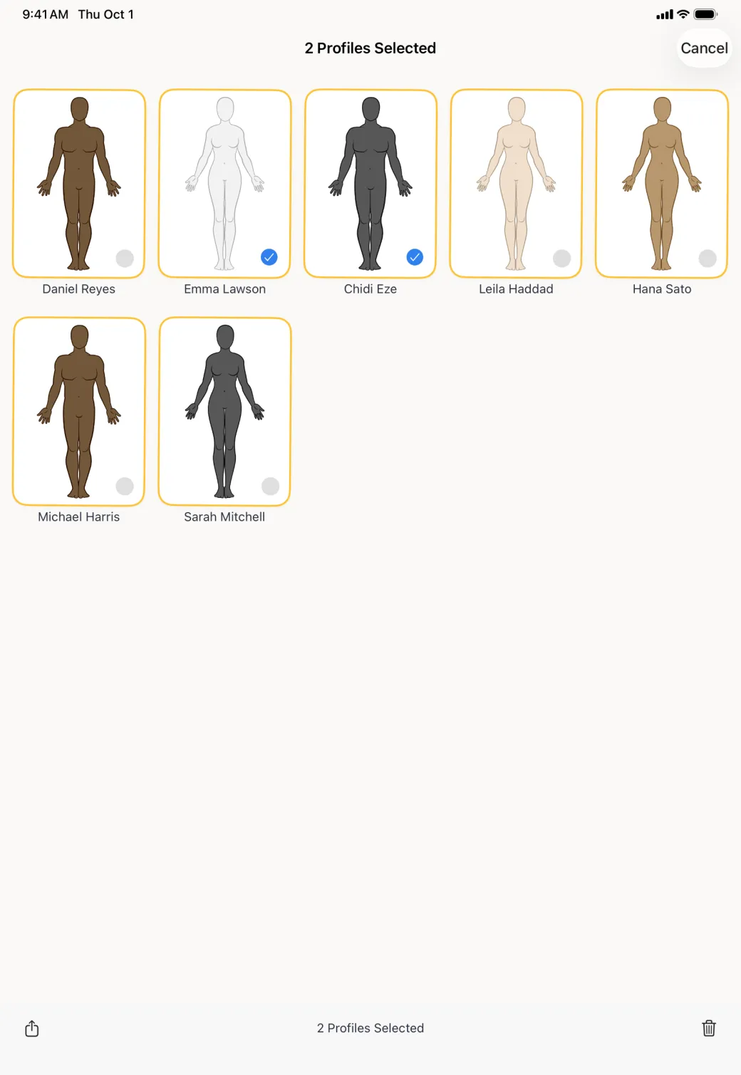 Profile grid in selection mode, headed 2 Profiles Selected with a Cancel button, every card outlined gold, the Michael Harris and Daniel Reyes cards carrying a blue tick, and a bottom bar reading 2 Profiles Selected between a share button and a delete button.