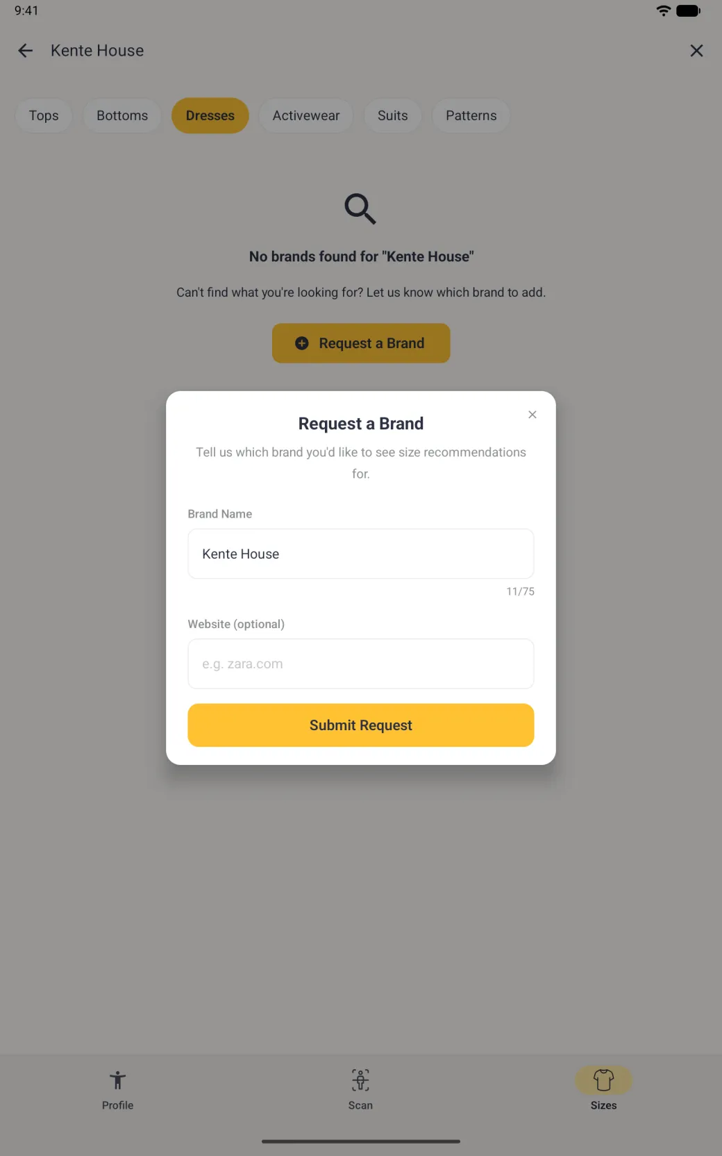 A Request a Brand card centred over the greyed Sizes tab, with a t-shirt icon, a Brand Name field already holding Kente House with an 11/75 counter, an optional Website field reading e.g. zara.com and a yellow Submit Request button.