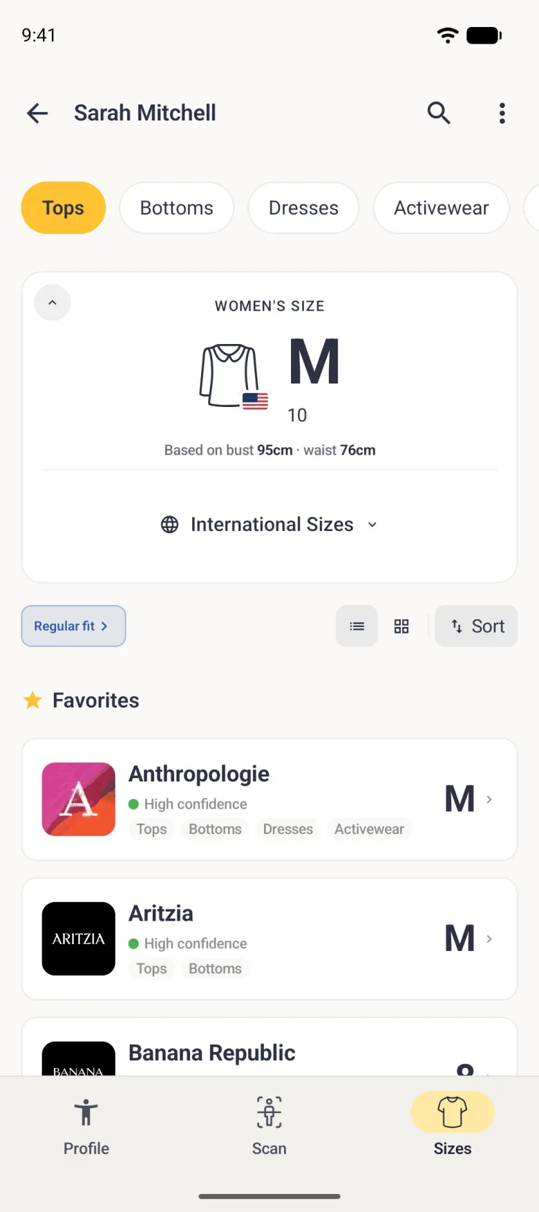 A Sizes tab with the Tops chip selected and a card reading Women's Size L, based on bust 95cm, waist 76cm and sleeve 65cm, with an International Sizes row, a Regular fit pill, list, grid and Sort buttons, above brand rows for H and M, Zara and Nike, each with a green High confidence dot, category tags and a size.