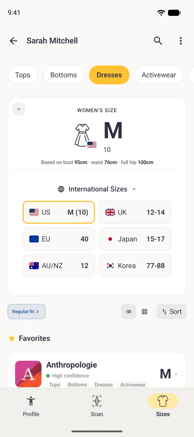 The Women's Size card expanded to show country conversions in a two-column grid of flagged tiles, US L twelve to fourteen, UK sixteen to eighteen, EU forty-four to forty-six, Japan seventeen to nineteen, AU NZ sixteen to eighteen and Korea seventy-seven.