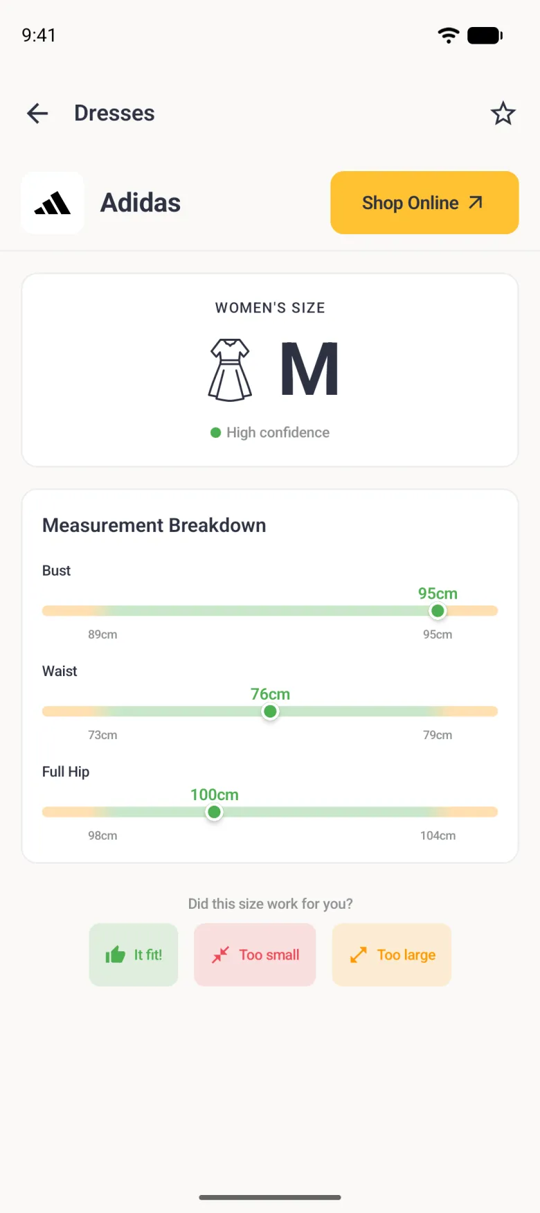 An Adidas page titled Dresses with a yellow Shop Online button, showing Women's Size M with a green High confidence label, a measurement breakdown putting bust 95cm, waist 76cm and full hip 100cm on green range bars, and buttons reading It fit!, Too small and Too large.