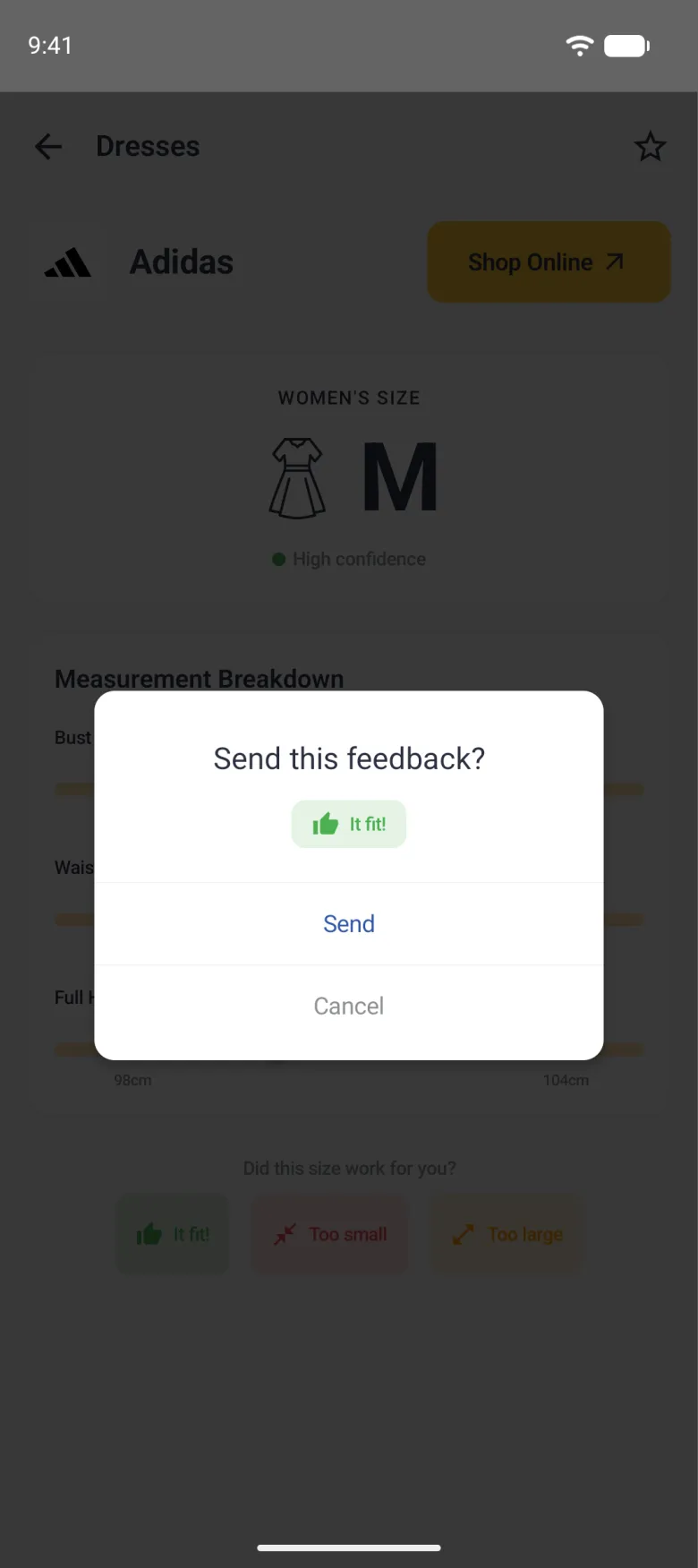 A white dialog over the dimmed Adidas page titled Send this feedback? with a small green It fit! chip, a blue Send button and a grey Cancel button separated by thin lines.