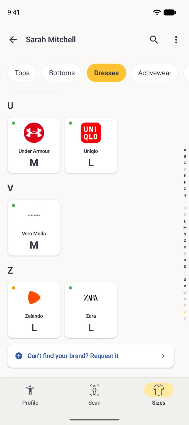 The end of the Sizes brand grid for Dresses under the letter headings U, V and Z, with Under Armour M, Uniqlo L, Vero Moda M, Zalando L (orange dot) and Zara L, followed by a white row with a blue plus icon reading Can't find your brand? Request it and a chevron, and the A to Z index at the right edge with Z in gold.