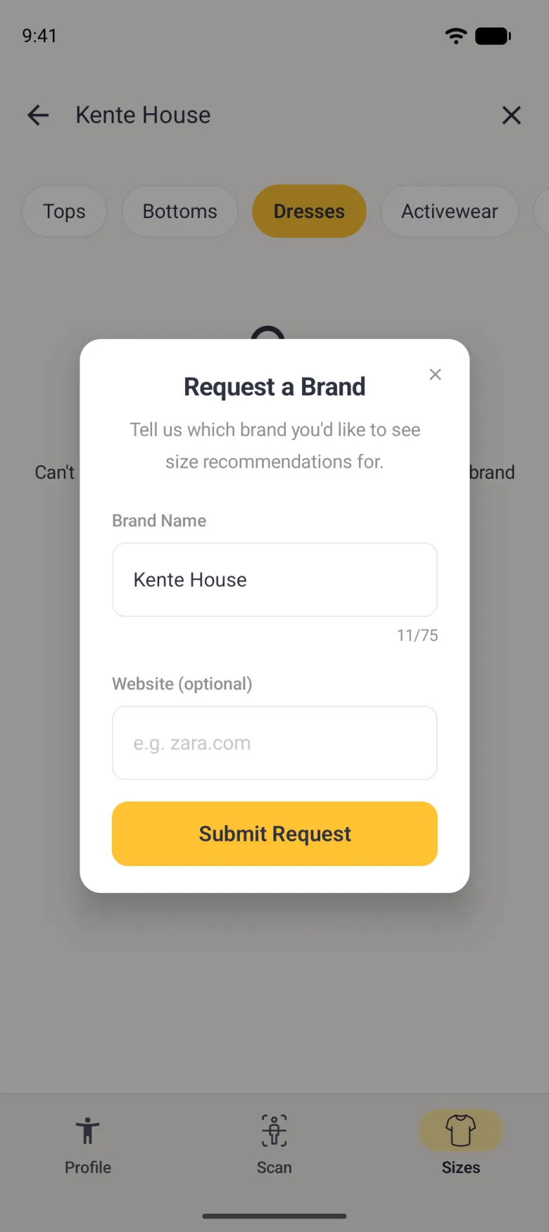 A Request a Brand card over the greyed Sizes tab, with a t-shirt icon, a Brand Name field already holding Kente House with an 11/75 counter, an optional Website field reading e.g. zara.com and a yellow Submit Request button.