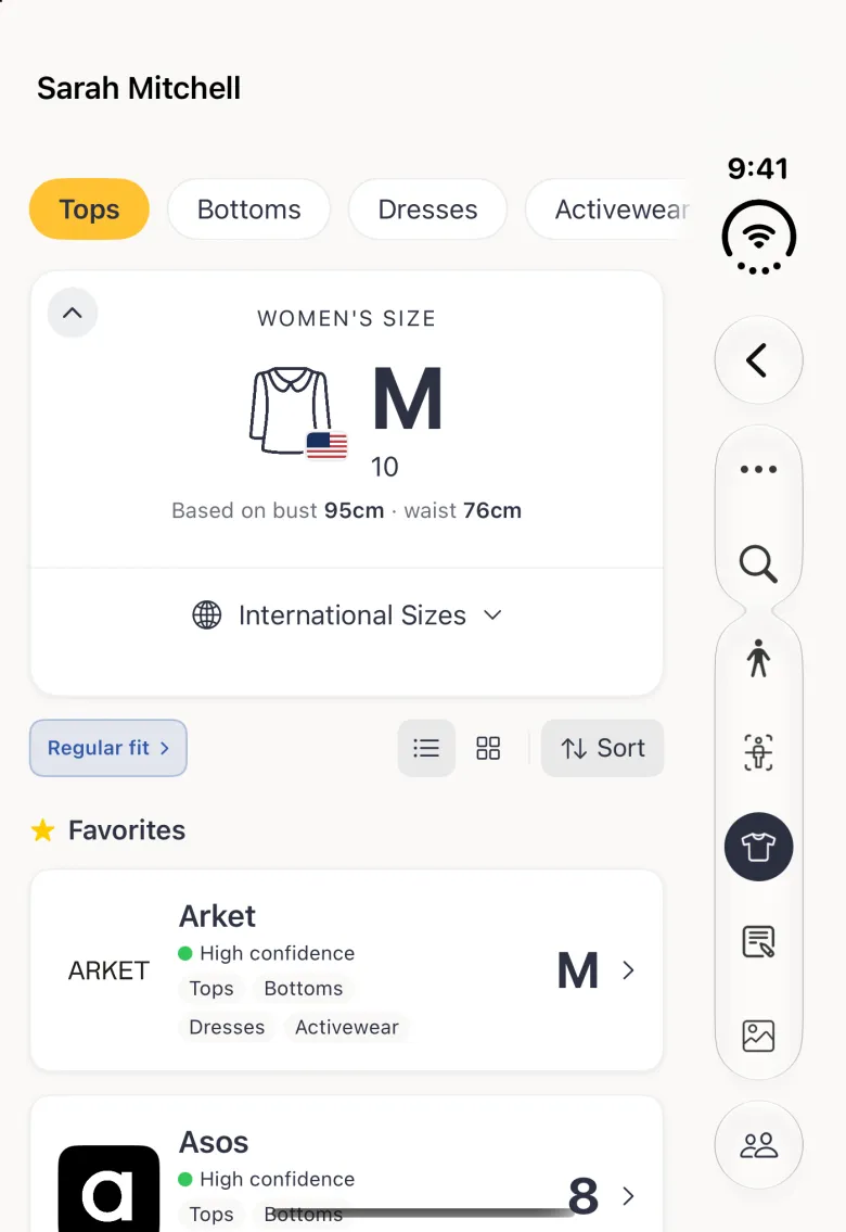 Sarah Mitchell's Sizes section on the closed Duo: category chips with Tops selected in gold, a Women's Size card showing M with 10 under it and a small US flag on the shirt icon, based on bust 95cm and waist 76cm, a folded International Sizes row, a Regular fit pill, list and grid buttons and Sort, and Favorites rows for Arket M and Asos 8 with green High confidence dots; the vertical bar strip on the right holds Back, a capsule with more and search buttons, the five section buttons with Sizes selected, and a round Clients button at its foot.