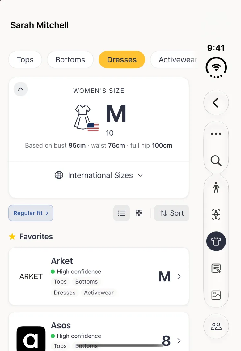 Sizes section on the closed Duo with the Dresses chip selected in gold, showing a dress icon with a small US flag beside the size M and the number 10, based on bust 95cm, waist 76cm and full hip 100cm, above a folded International Sizes row and the Favorites list; the section buttons, Sizes selected, sit in the vertical bar strip on the right.