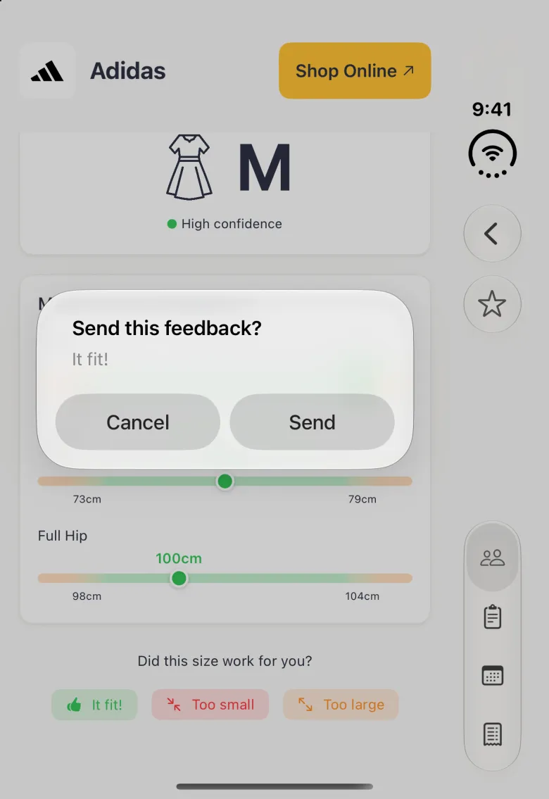 A system alert over the dimmed Adidas page on the closed Duo, titled Send this feedback? with the answer It fit! in grey under the title, and Cancel and Send buttons side by side; the It fit!, Too small and Too large pills show dimmed below it.