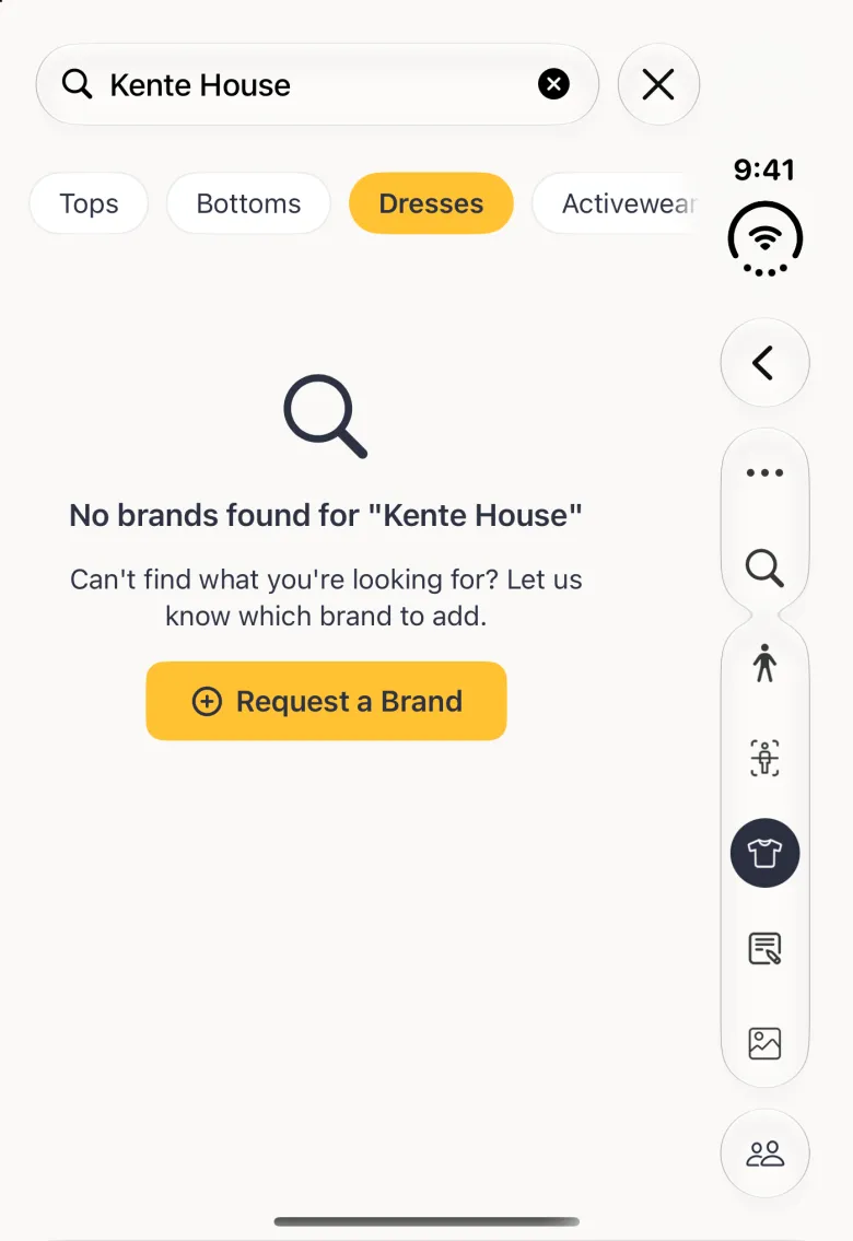 A no results message on the closed Duo under the search field holding Kente House, with a magnifying glass, No brands found for Kente House, a line inviting you to say which brand to add and a gold Request a Brand button; the section buttons stay in the vertical bar strip on the right.