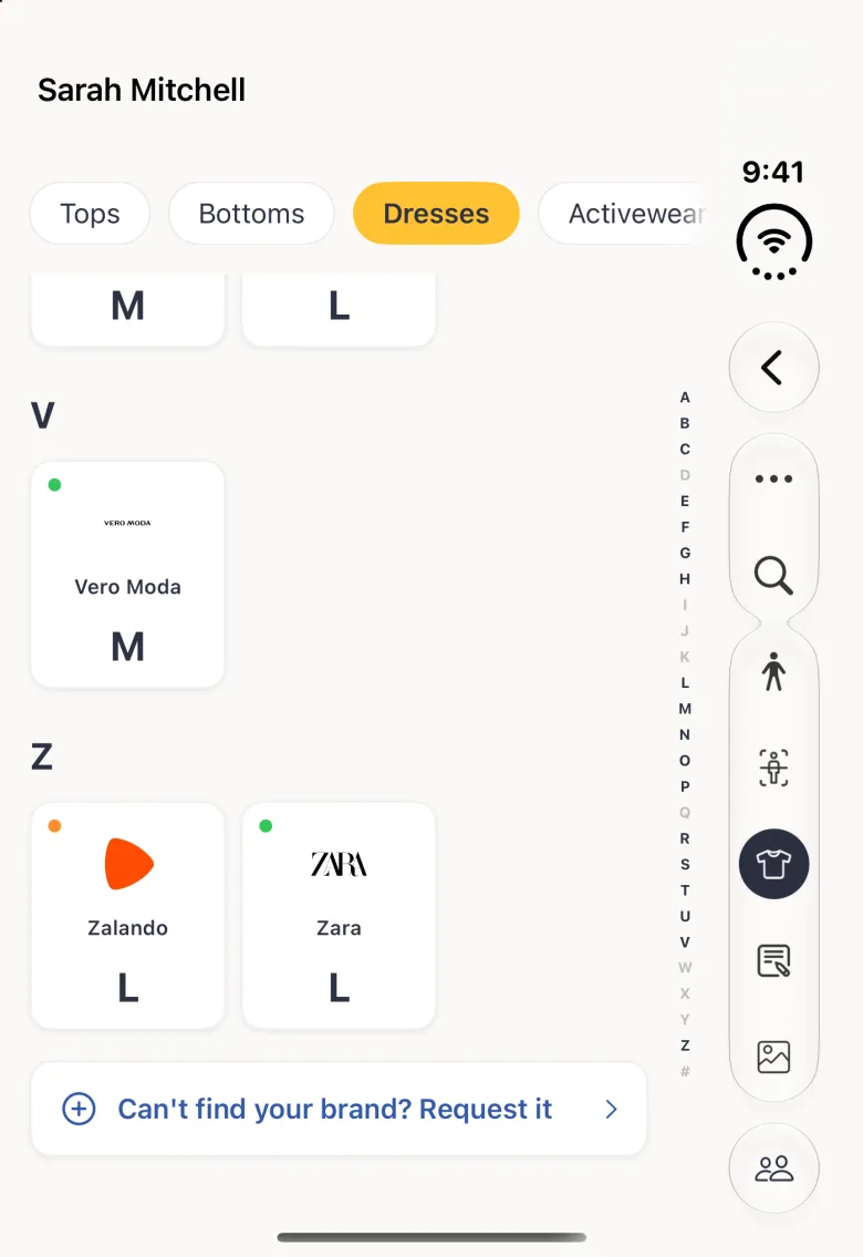 The end of the Sizes brand grid on the closed Duo, with Vero Moda M under V and Zalando L and Zara L under Z, followed by a row reading Can't find your brand? Request it, beside the alphabet index and the vertical bar strip on the right.