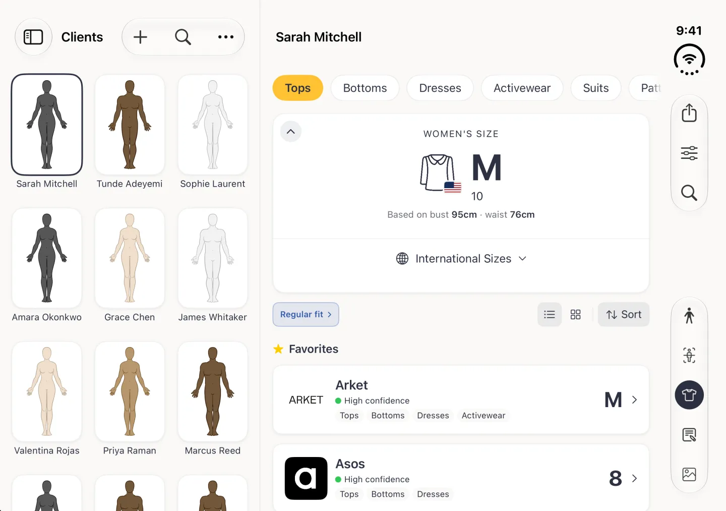 Sarah Mitchell's Sizes section on the right of the split view: category chips with Tops selected in gold, a Women's Size card showing M with 10 under it and a small US flag on the shirt icon, based on bust 95cm and waist 76cm, a folded International Sizes row, a Regular fit pill, list and grid buttons and Sort, and Favorites rows for Arket M and Asos 8 with green High confidence dots; the Clients grid is on the left, and share, options, search and the five section buttons with Sizes selected sit in the vertical bar strip on the right edge.