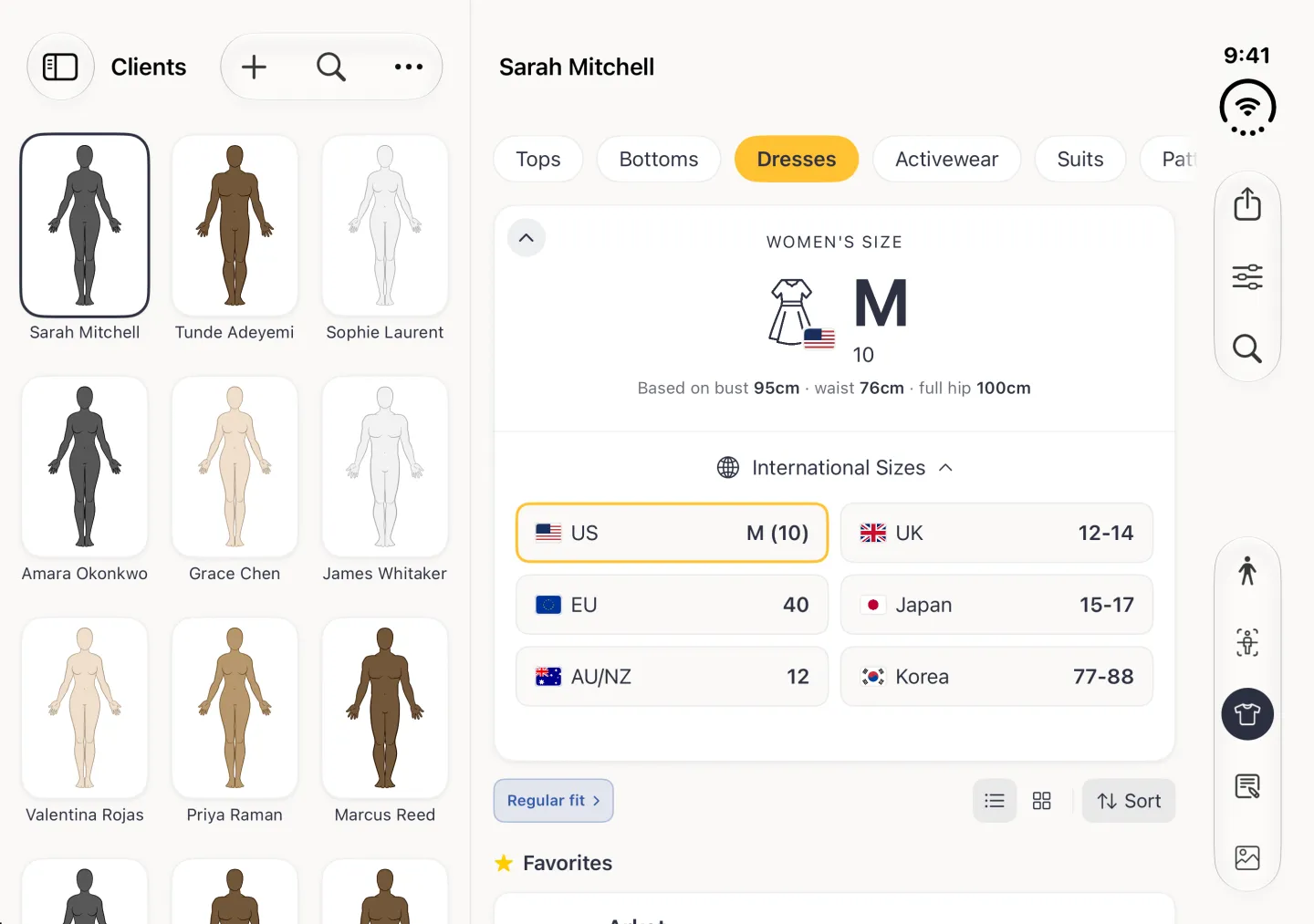 An expanded Dresses size card in the Sizes section of the split view listing US M (10) outlined in gold, UK 12-14, EU 40, Japan 15-17, AU/NZ 12 and Korea 77-88 in two columns of wide flag tiles under the International Sizes row.