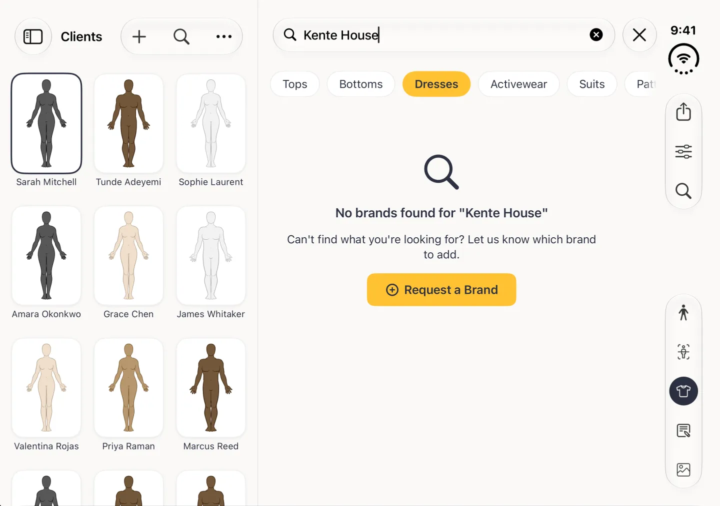 A no results message under the search field on the right of the split view, with a magnifying glass, No brands found for Kente House, a line inviting you to say which brand to add and a gold Request a Brand button.