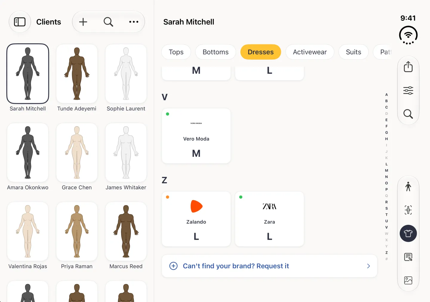 The end of the Sizes brand grid on the right of the split view, with Vero Moda M, Zalando L and Zara L under their letter headings, followed by a wide row reading Can't find your brand? Request it, beside the alphabet index and the vertical bar strip.