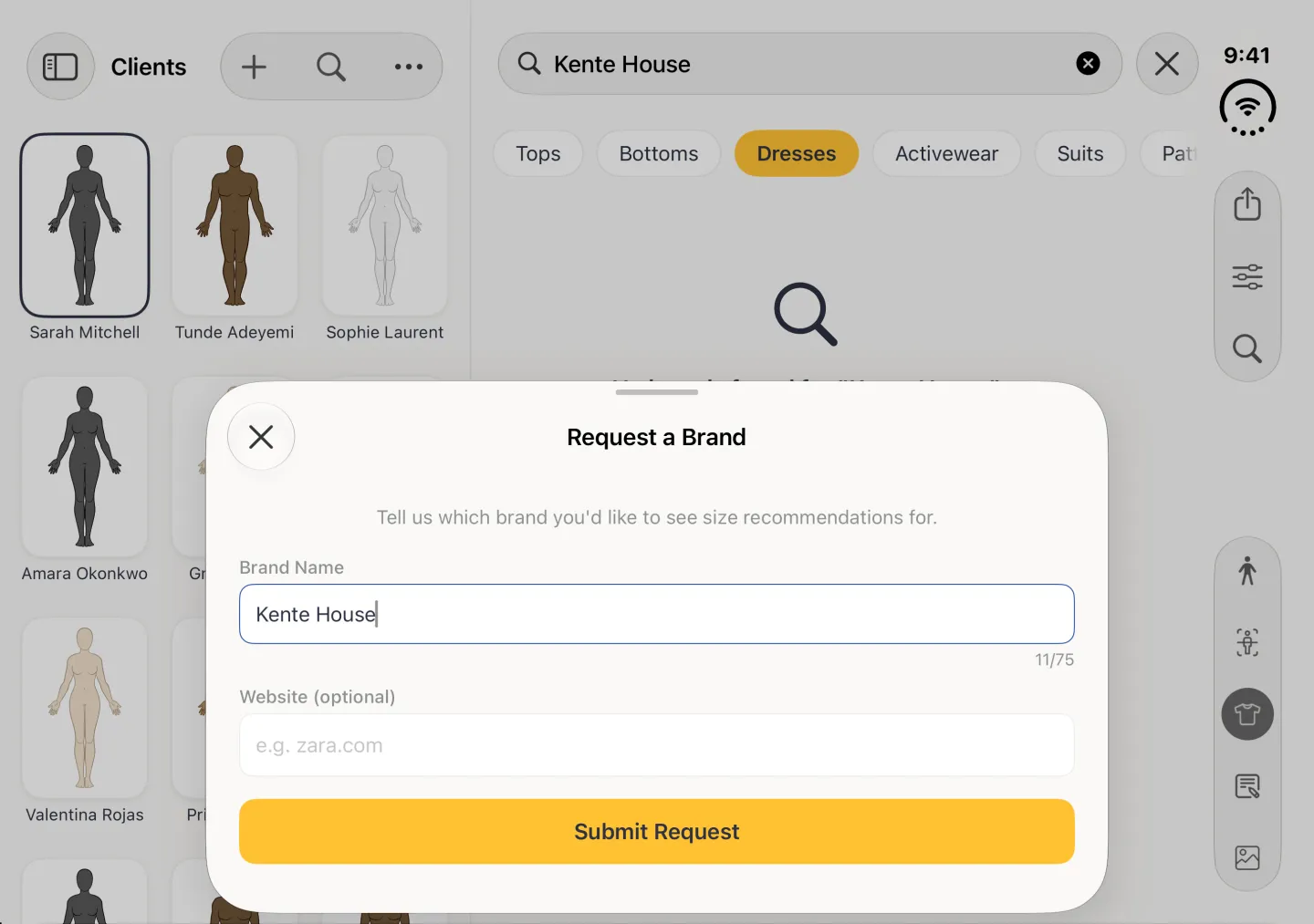 A Request a Brand sheet with a grabber and a close button over the dimmed split view in landscape, the line Tell us which brand you'd like to see size recommendations for, a Brand Name field holding Kente House with an 11/75 counter, an optional Website field with the hint e.g. zara.com and a wide gold Submit Request button.