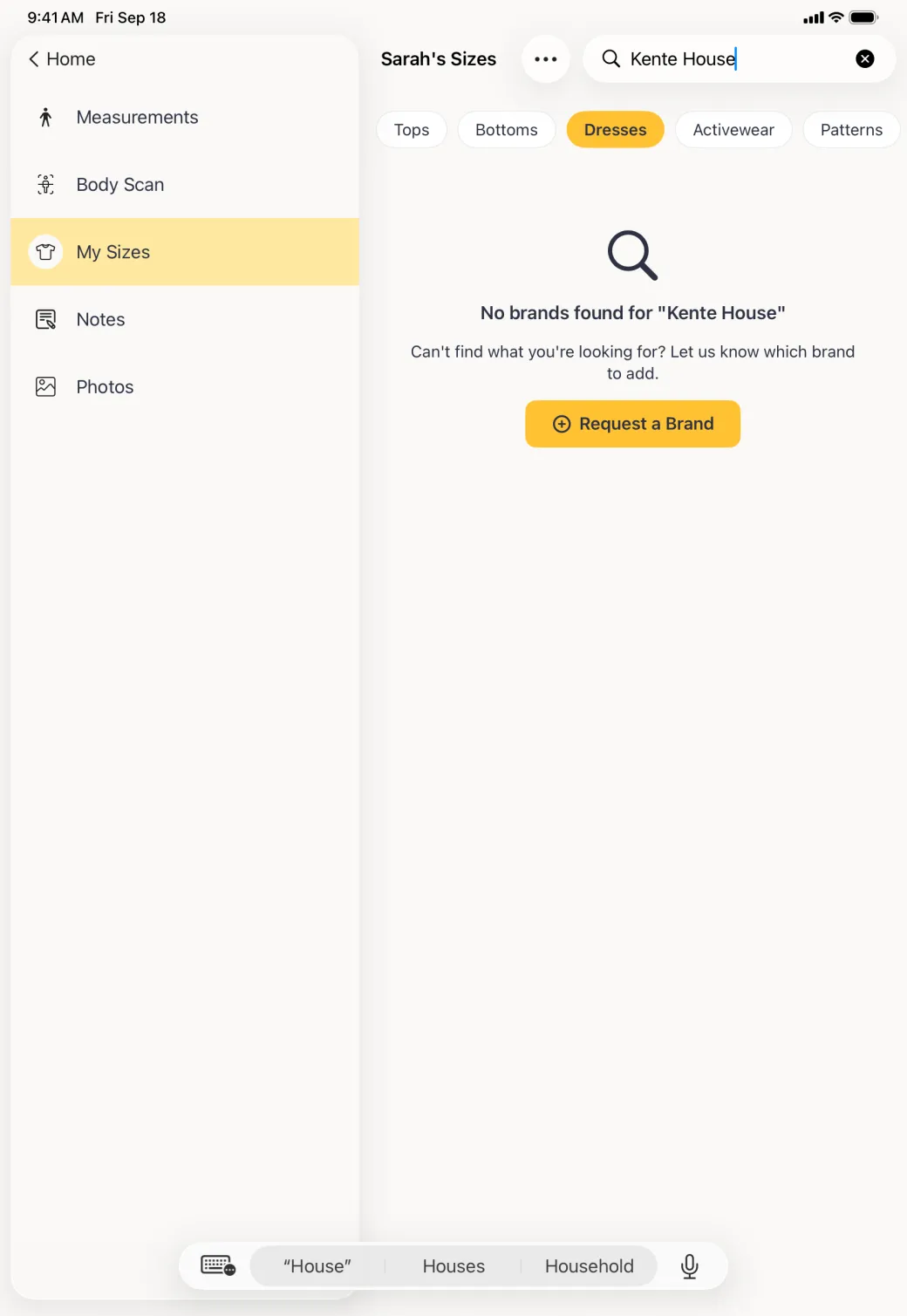A no results message reading no brands found for Kente House, with a line inviting you to say which brand to add and a yellow Request a Brand button.