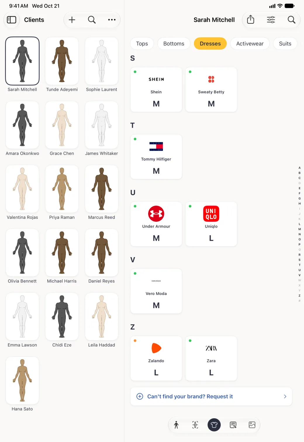The end of the three-column brand grid in Sarah Mitchell's Sizes section beside the Clients grid, with Shein M and Sweaty Betty M under S, Tommy Hilfiger M under T, Under Armour M and Uniqlo L under U, Vero Moda M under V, and Zalando L and Zara L under Z, followed by a full-width Can't find your brand? Request it row above the section capsule, with the alphabet index down the right edge.