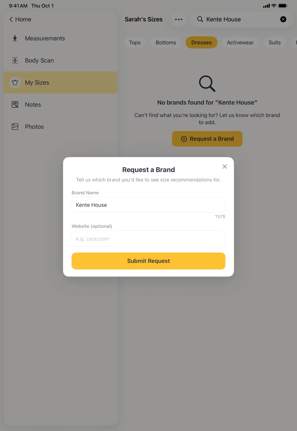 A Request a Brand card centred over the dimmed Sizes pane, with a Brand Name field already holding Kente House, an optional Website field and a yellow Submit Request button.