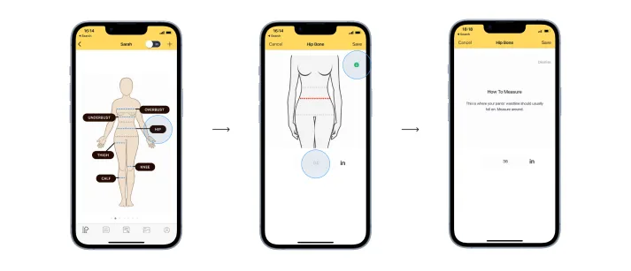 Avatar-based measurement entry with an input box and info button for self-measurement tips.