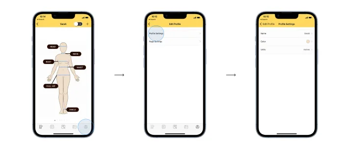 Profile settings screen with name, color, unit, and page visibility controls.