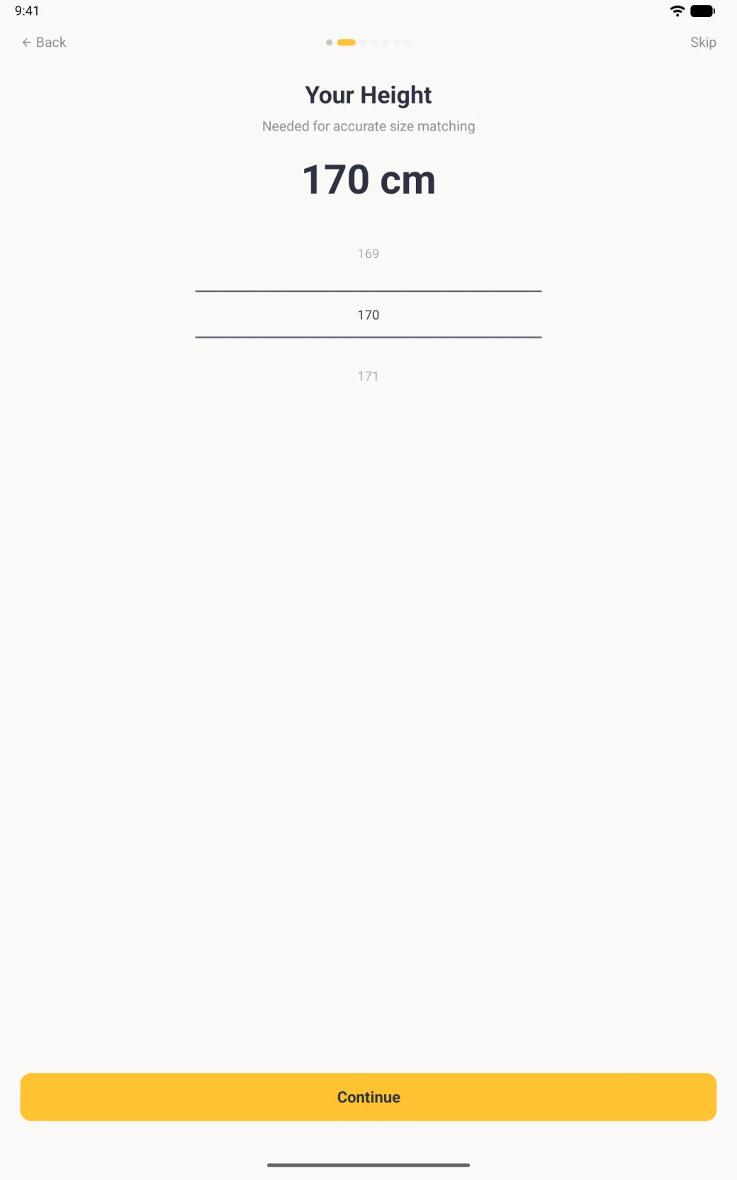 Your Height step showing 170 cm in large type above a number picker with 169, 170 and 171, the middle value between two divider lines, and a gold Continue button at the bottom of an otherwise empty screen.
