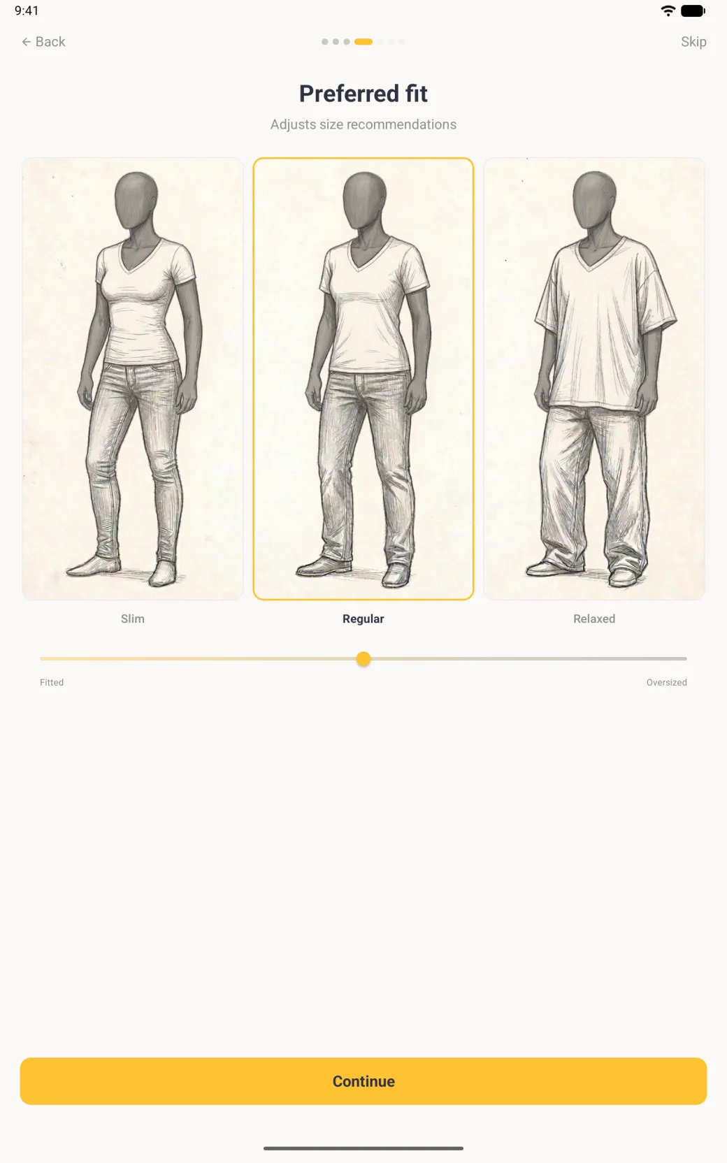 Preferred fit step with three sketched figures labelled Slim, Regular and Relaxed across the width of the tablet, Regular outlined in gold, above a slider running from Fitted to Oversized with its knob in the middle.
