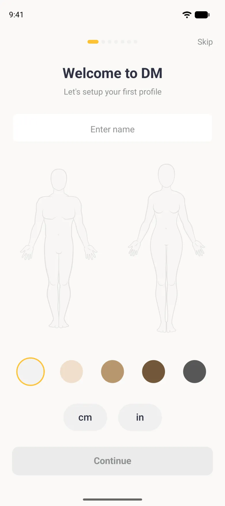 Welcome to DM screen with Sarah Mitchell typed in the name field above a man and a woman body outline, five skin tone circles with the lightest ringed in gold, cm and in buttons, and a grey Continue button.