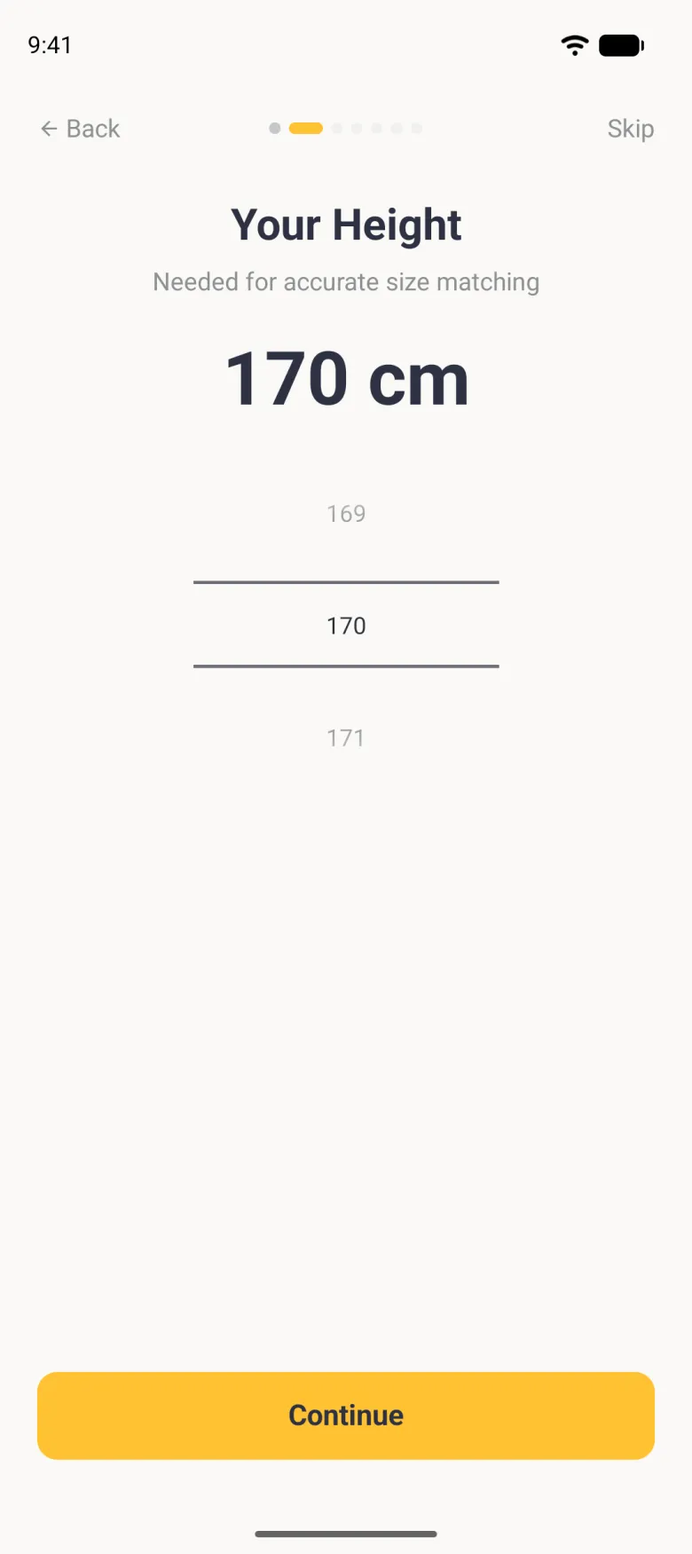Your Height step showing 170 cm in large type above a picker listing 169, 170 and 171, with a gold Continue button at the bottom.