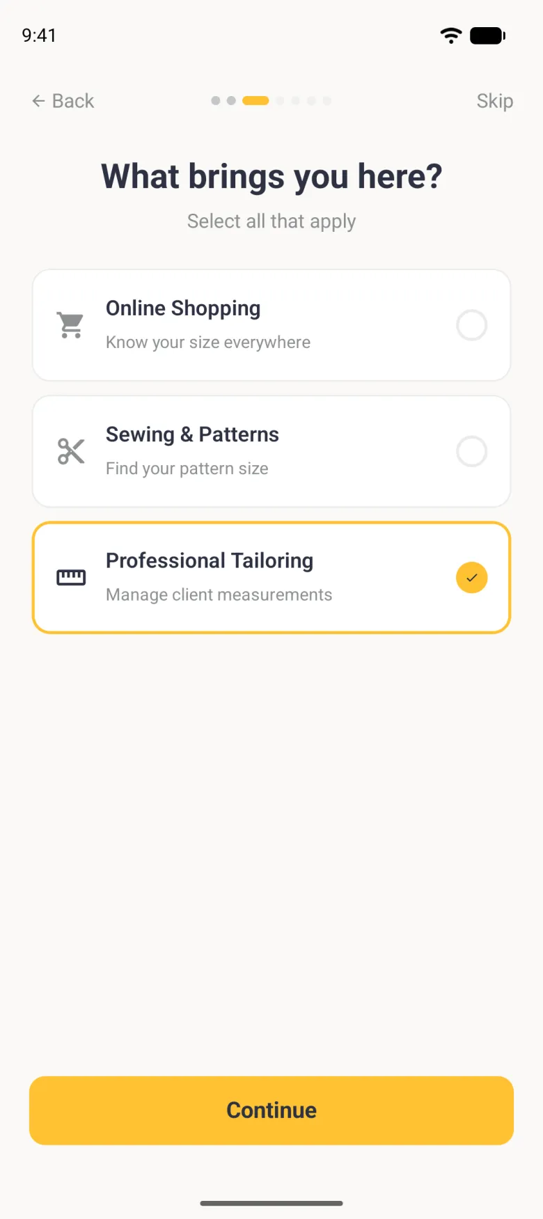 What brings you here? step with three full-width rows for Online Shopping, Sewing and Patterns, and Professional Tailoring, the last outlined in gold with a gold tick, above a gold Continue button.