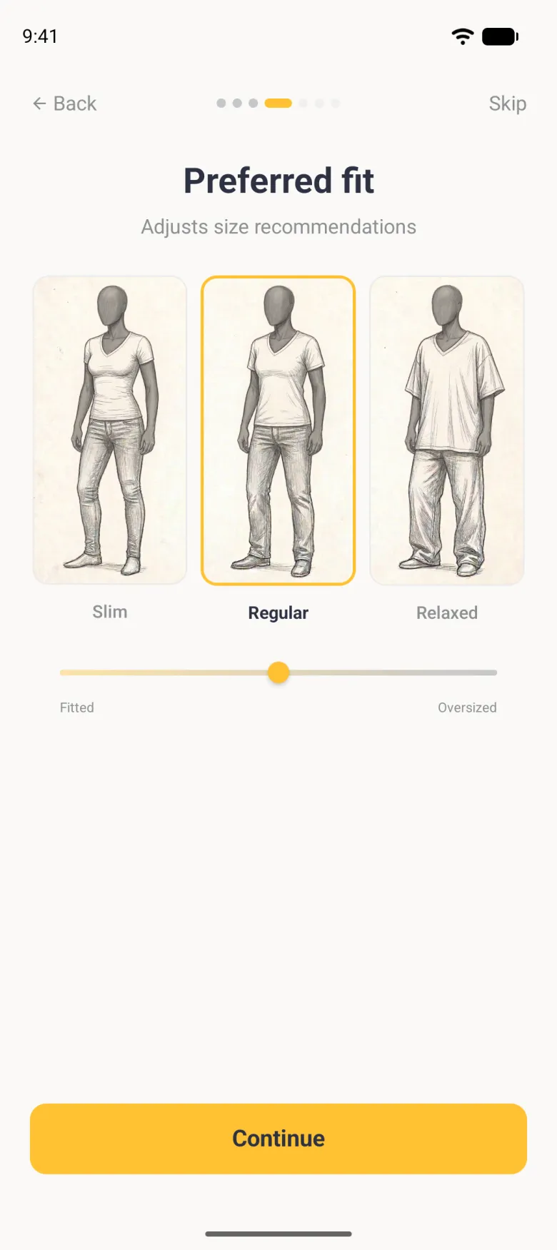 Preferred fit step with three pencil-sketched women labelled Slim, Regular and Relaxed, Regular outlined in gold and in bold, above a slider from Fitted to Oversized with its gold knob in the middle.