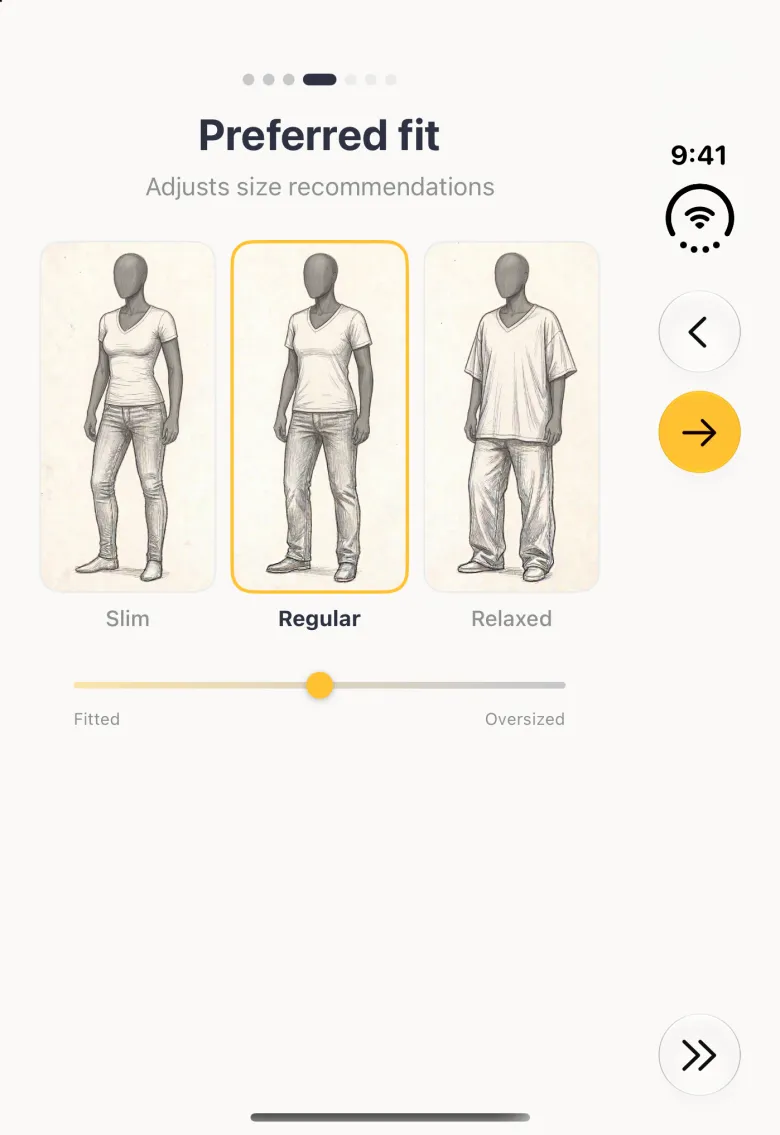 Preferred fit step on the closed Duo showing three sketched figures side by side labelled Slim, Regular and Relaxed above a slider running from Fitted to Oversized, with Regular outlined in gold and the slider's gold dot in the middle; Back and a gold Continue arrow sit near the top of the vertical bar strip on the right and Skip at its foot.