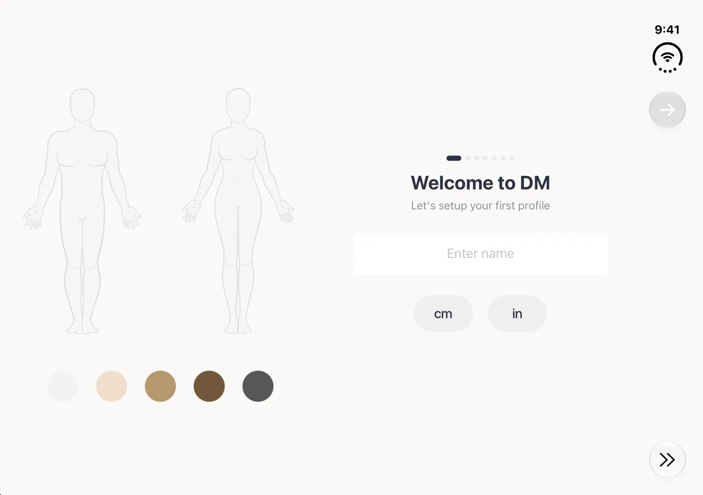Welcome to DM screen in landscape with a man and a woman body outline and five skin tone circles on the left, and on the right seven page dots above the title, an empty Enter name field and cm and in buttons; a grey Continue arrow button and a Skip button sit in the vertical bar strip on the right edge.