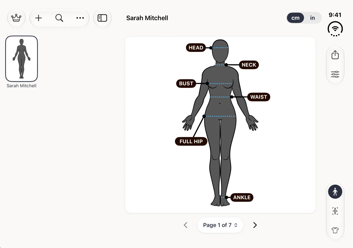 Split view in landscape: on the left the profile list with a crown button, a capsule holding plus, search and more buttons, and a sidebar button above a single Sarah Mitchell card outlined in navy; on the right the profile with the name Sarah Mitchell and a cm and in switch in the top row, a full body avatar labelled head, neck, bust, waist, full hip and ankle, and a Page 1 of 7 control with arrows; the vertical bar strip on the right edge holds share and options buttons at the top and three section buttons at the bottom, the first a navy disc.