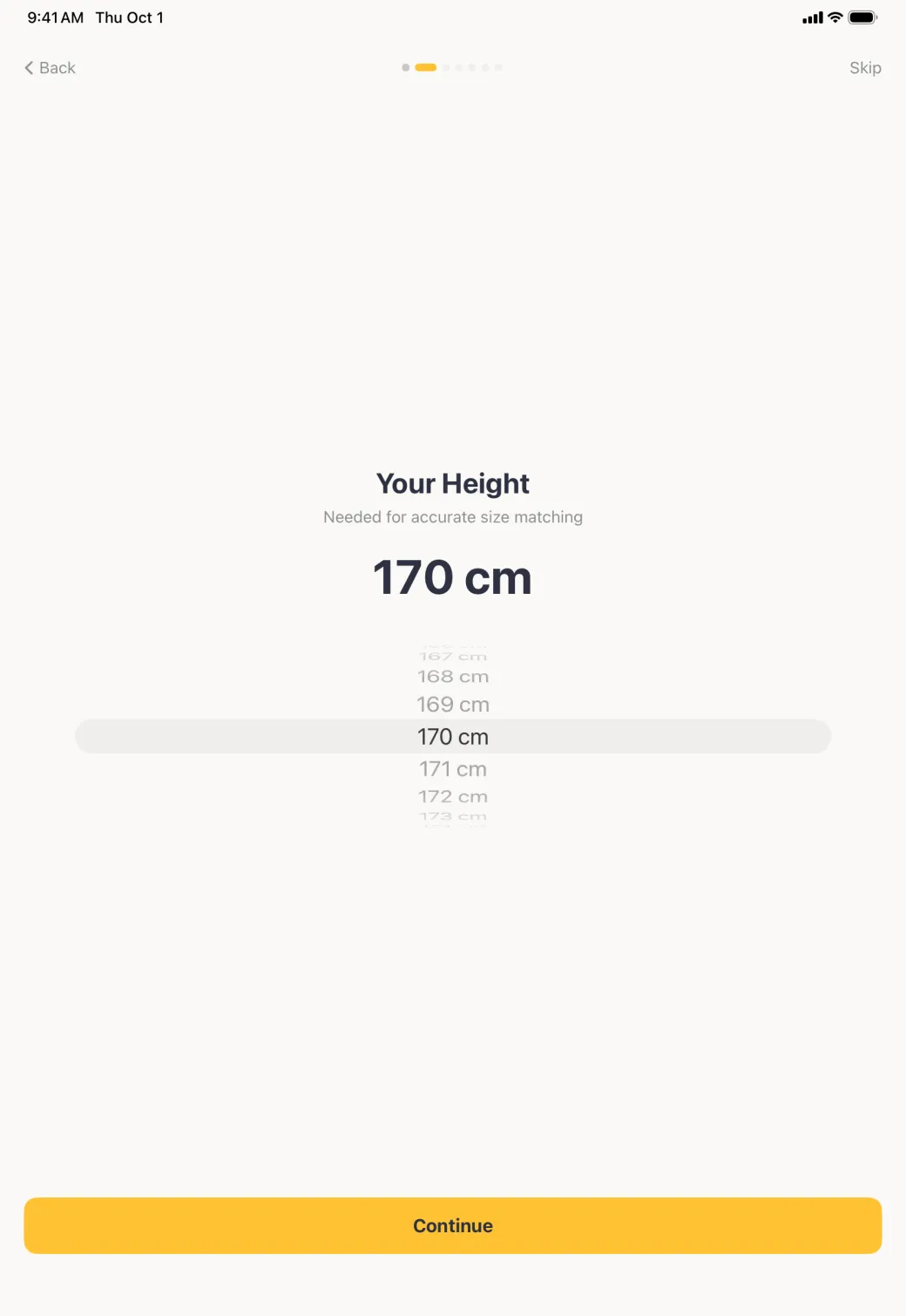 Height step centred on the page, headed Your Height, showing 170 cm in large type above a scrolling wheel of heights, with a full width gold Continue button at the foot of the screen.