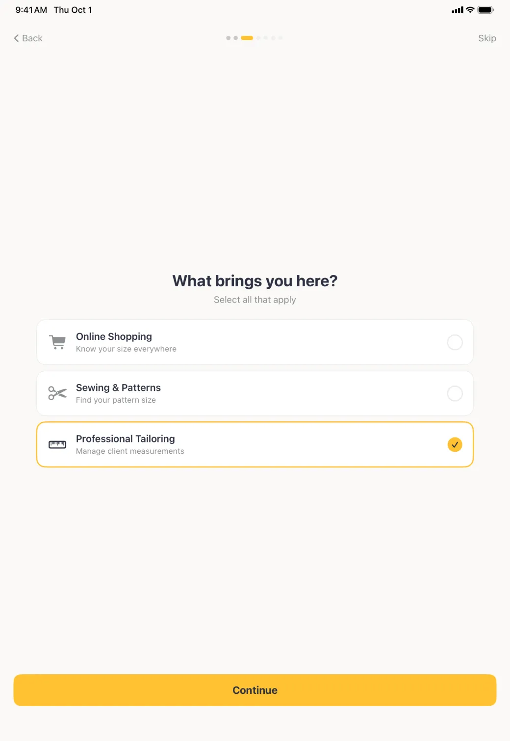 Three full width option rows centred on the page, each with an icon on the left and a selection circle on the right, reading Online Shopping, Sewing and Patterns, and Professional Tailoring, with Professional Tailoring outlined in gold and ticked.
