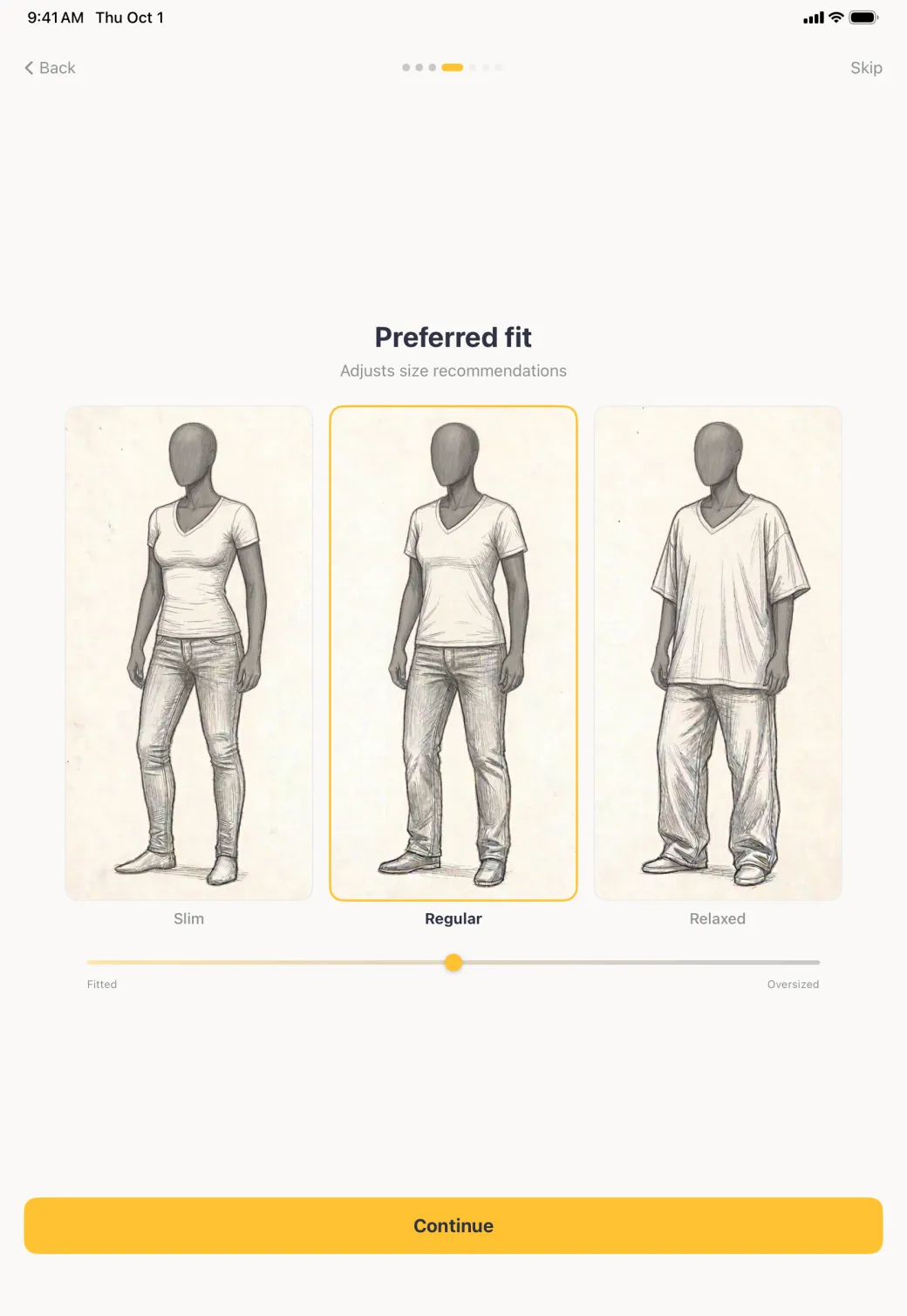 Three large sketched figures labelled Slim, Regular and Relaxed above a slider running from Fitted to Oversized, with Regular outlined in gold and the slider knob at its centre.