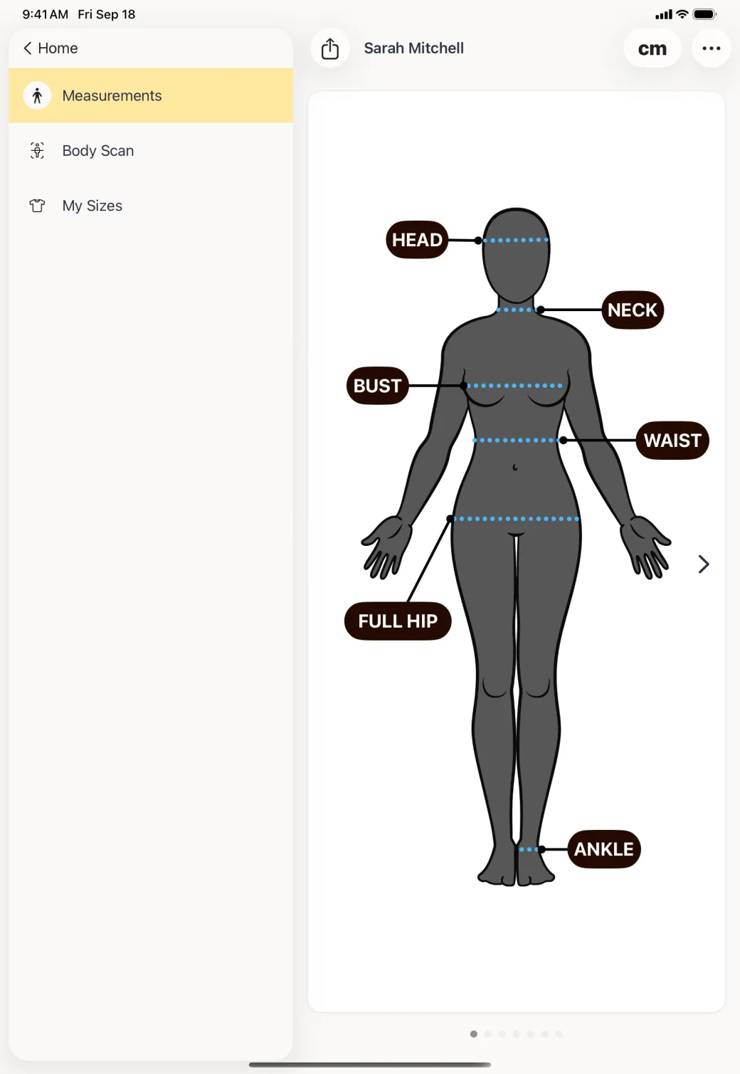 Sarah Mitchell's new profile in a split view, with Measurements, Body Scan and My Sizes listed down the left and a charcoal front-facing avatar on the right labelled head, neck, bust, waist, full hip and ankle, its values not filled in yet.