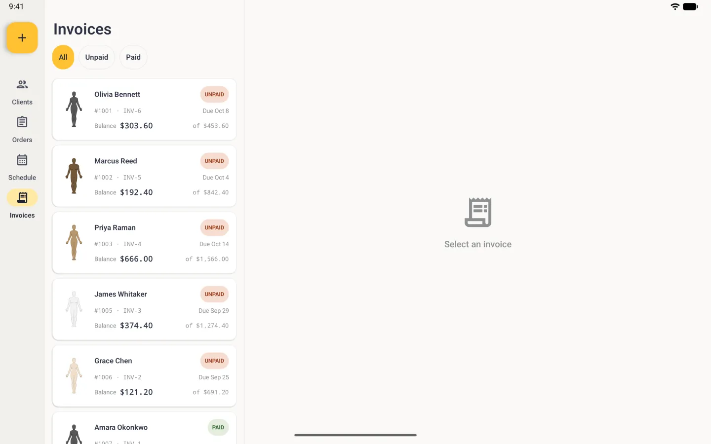 Invoices screen in landscape: a navigation rail on the left with a gold plus button at the top and Invoices selected, a list column headed Invoices with the gold All chip selected and cards for Olivia Bennett, Marcus Reed, Priya Raman, James Whitaker and Grace Chen, each with a small body figure, an orange UNPAID badge, the order and invoice numbers, a due date, the balance and the total, Amara Okonkwo's card cut off at the bottom, and an empty detail pane on the right reading Select an invoice.