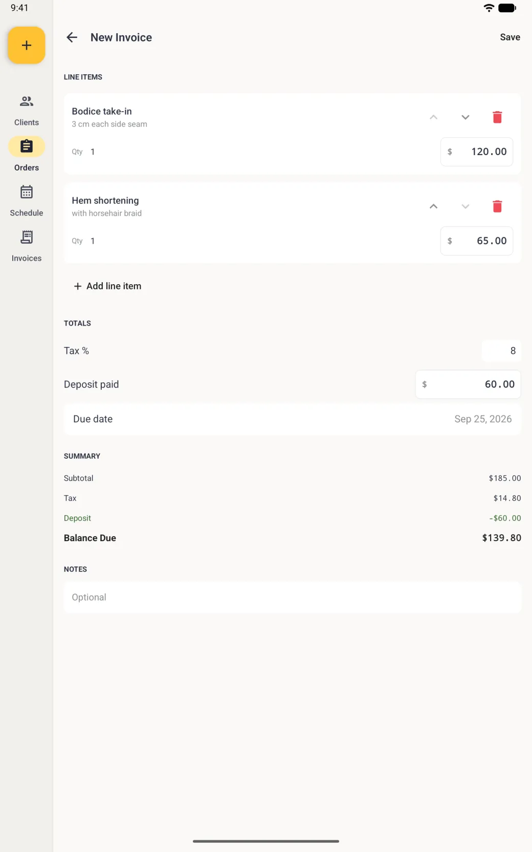 New Invoice editor with two line item cards, Bodice take-in, 3 cm each side seam, at 120 dollars and Hem shortening, with horsehair braid, at 65 dollars, each with quantity 1, up and down arrows and a red delete icon, then Add line item, a tax field set to 8, a deposit paid field of 60 dollars, a due date of September 25 2026, and a Summary of 185 dollars subtotal, 14 dollars 80 tax, a 60 dollar deposit and a balance due of 139 dollars 80.