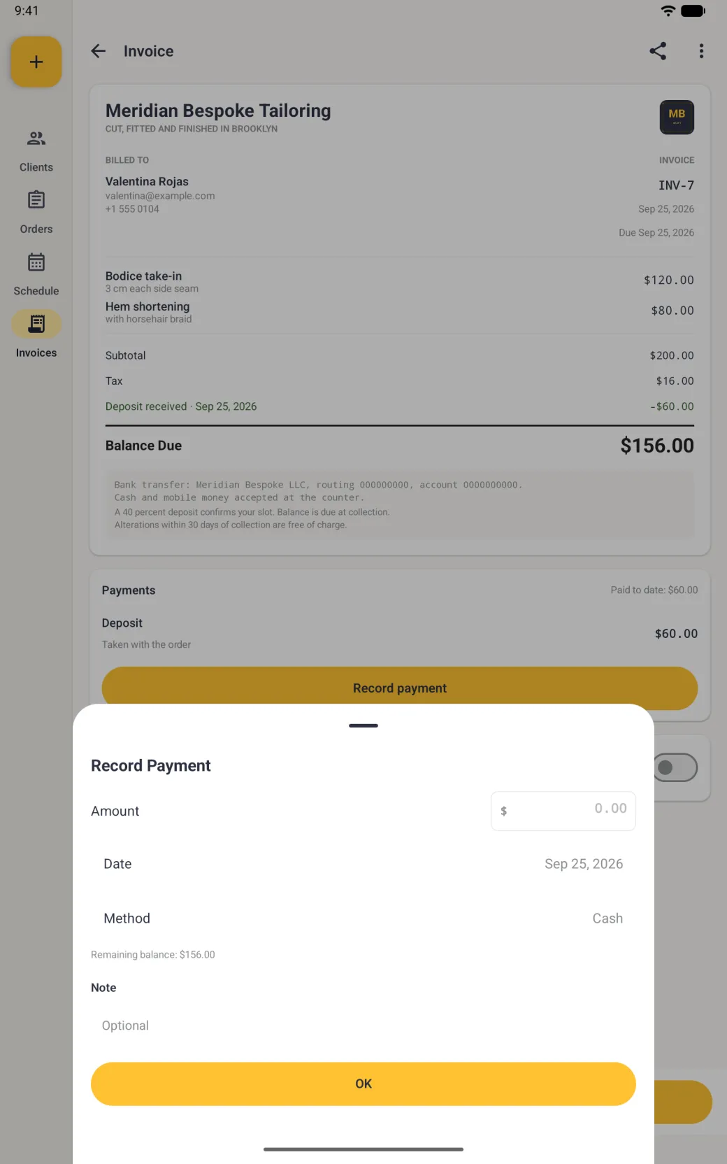 Record Payment bottom sheet over the dimmed INV-7 invoice, with an empty amount field prefixed by a dollar sign, a date of September 25 2026, a method of Cash, a line reading Remaining balance 156 dollars, an optional note field and a full-width gold OK button.