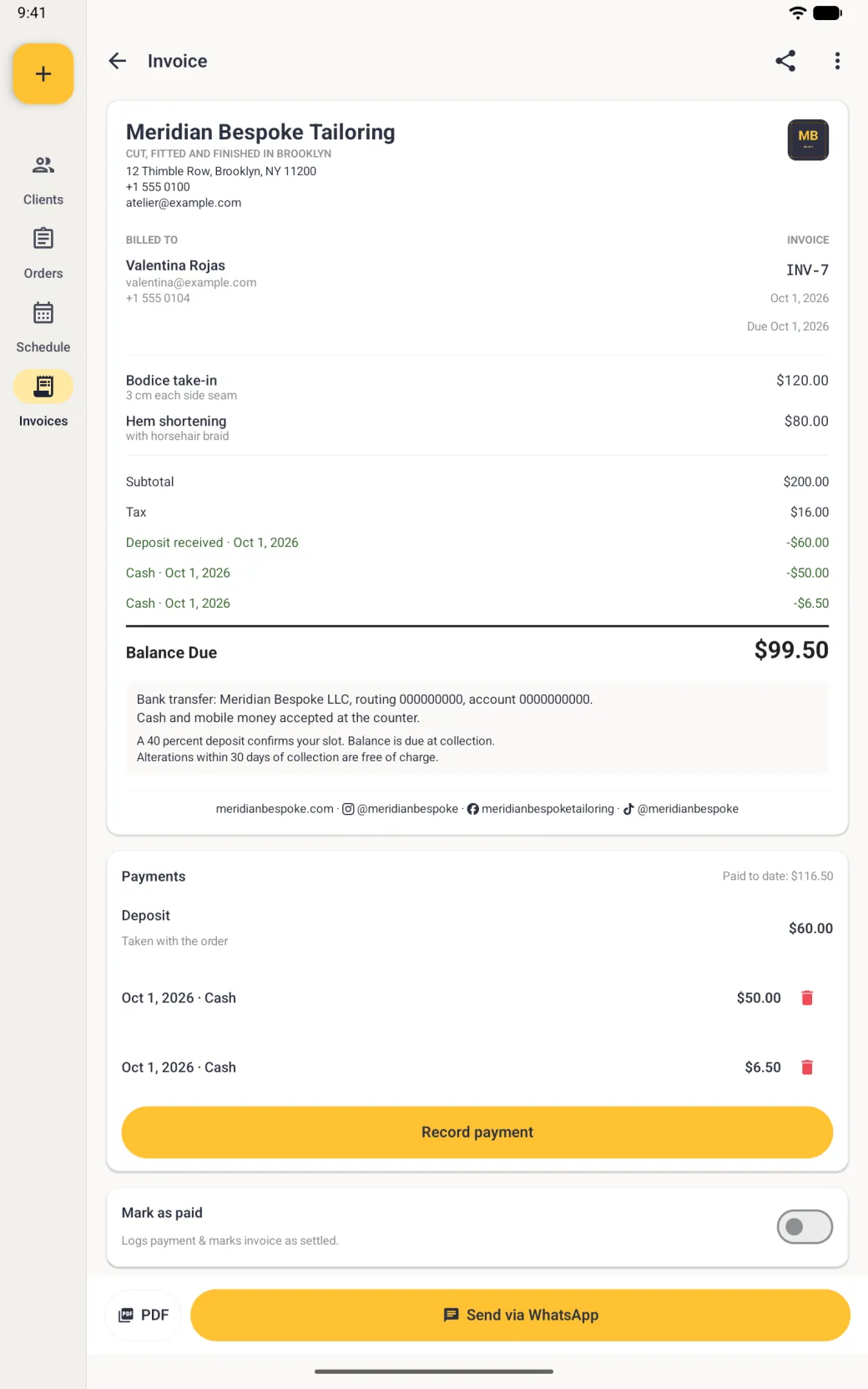 Invoice INV-7 showing the 60 dollar deposit and cash payments of 50 dollars and 6 dollars 50 deducted in green in the totals block, a balance due of 99 dollars 50, and the Payments card headed Paid to date 116 dollars 50 listing the deposit and both cash rows.