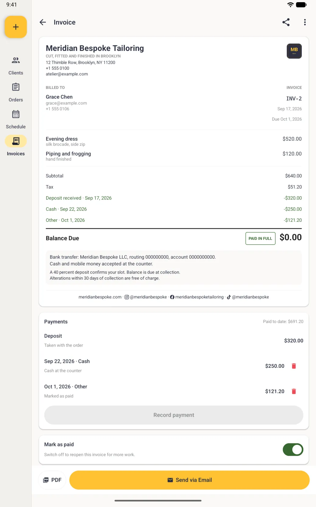 Invoice INV-2 for Grace Chen with a new green row, Other, September 25 2026, minus 121 dollars 20, under the deposit and cash payment, a balance due of 0 dollars beside a green-outlined PAID IN FULL stamp, a greyed Record payment button, a third payment row Marked as paid in the Payments card, and the Mark as paid switch on in green.