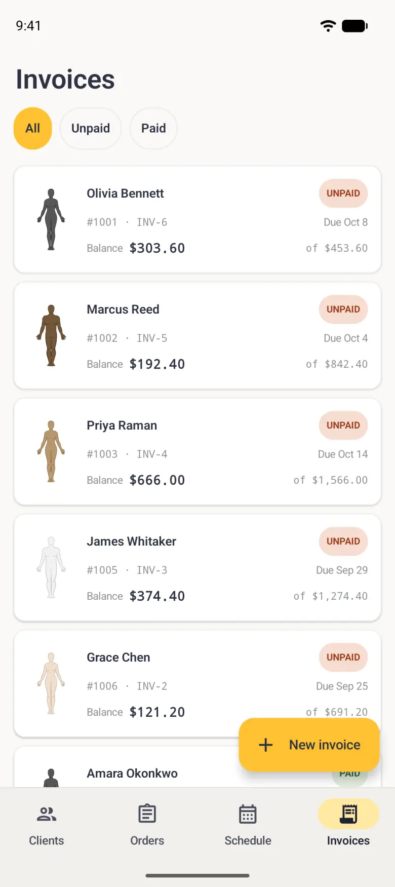 Invoices list with the gold All chip selected and six invoice cards, each with a small body figure, the client name, the order and invoice numbers, a Balance figure and the invoice total: Olivia Bennett, Marcus Reed, Priya Raman, James Whitaker and Grace Chen carry an orange UNPAID badge and a due date, and Amara Okonkwo's card is partly hidden behind a gold New invoice button at the bottom right.