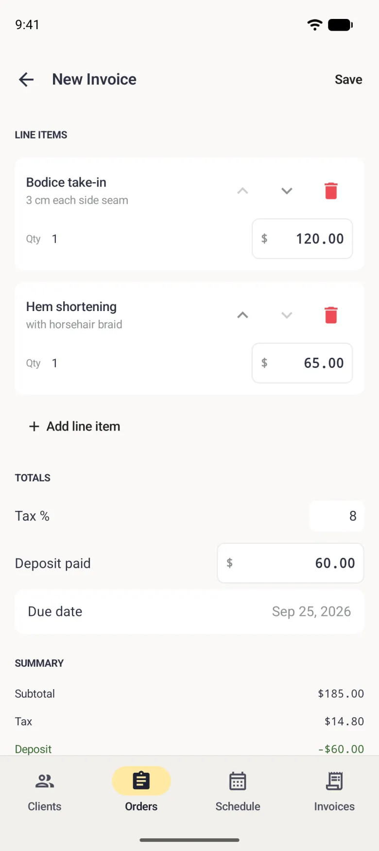 New Invoice editor with two line item cards, Bodice take-in, 3 cm each side seam, at 120 dollars and Hem shortening, with horsehair braid, at 65 dollars, each with quantity 1, up and down arrows and a red delete icon, then Add line item, a tax field set to 8, a deposit paid field of 60 dollars, a due date of September 25 2026, and the start of a Summary with Subtotal 185 dollars, Tax 14 dollars 80 and Deposit minus 60 dollars.