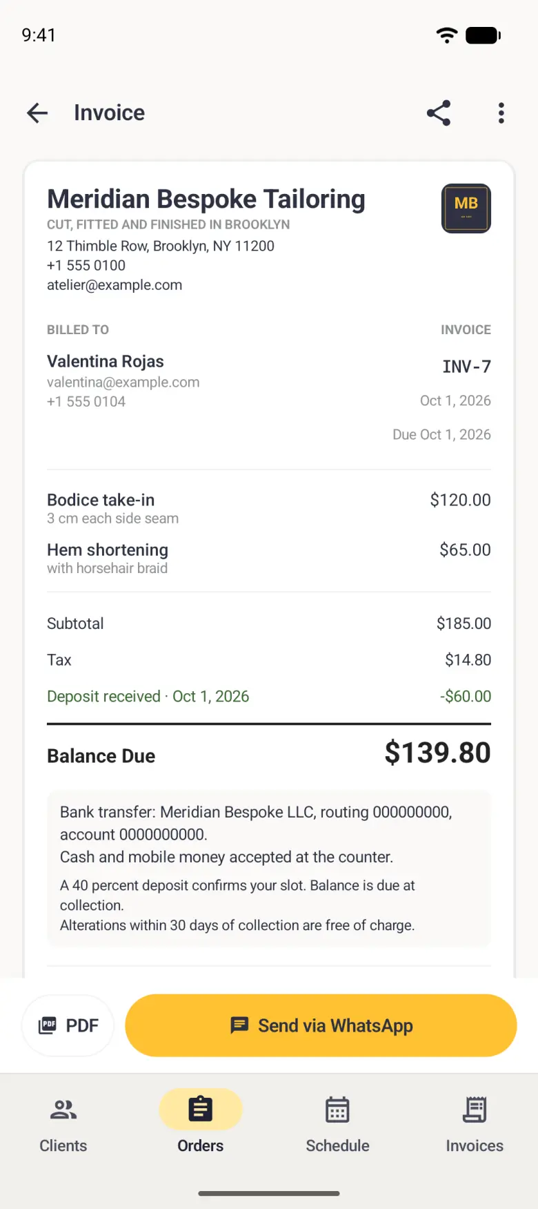 Invoice INV-7 for Valentina Rojas, dated and due Sep 25, 2026, under the Meridian Bespoke Tailoring header, listing Bodice take-in at 120 dollars and Hem shortening at 65 dollars, a subtotal of 185 dollars, 14 dollars 80 of tax, a 60 dollar deposit deducted in green and a balance due of 139 dollars 80, with the bank transfer and terms block below and a PDF button and a gold Send via WhatsApp button pinned above the tab bar.