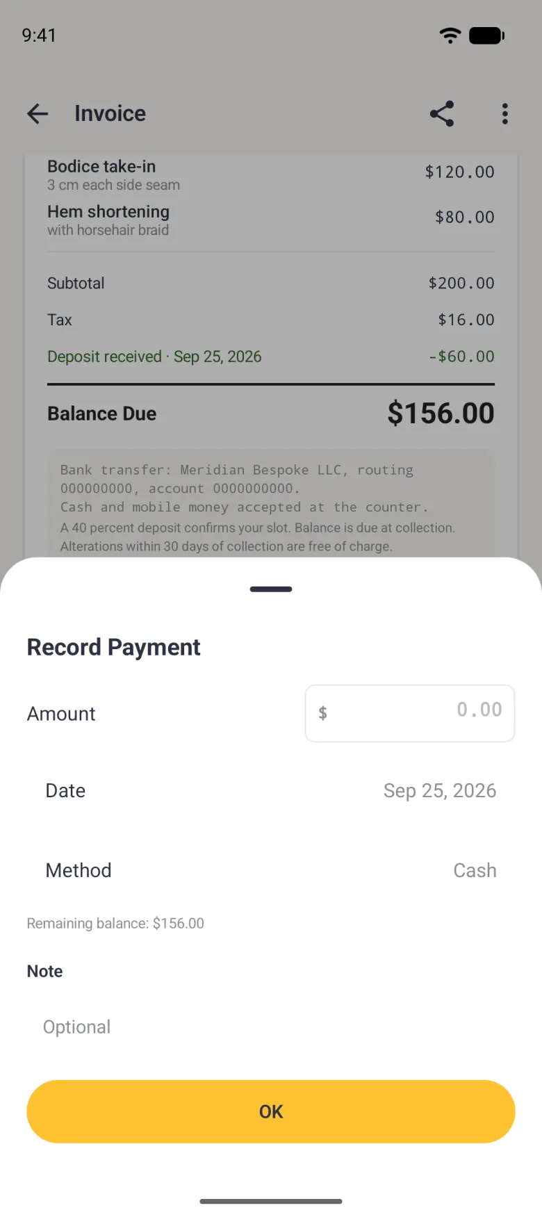 Record Payment bottom sheet over the dimmed invoice INV-7, with an empty amount field prefixed by a dollar sign, a date of September 25 2026, a method of Cash, a line reading Remaining balance 156 dollars, an optional note field and a full-width gold OK button.