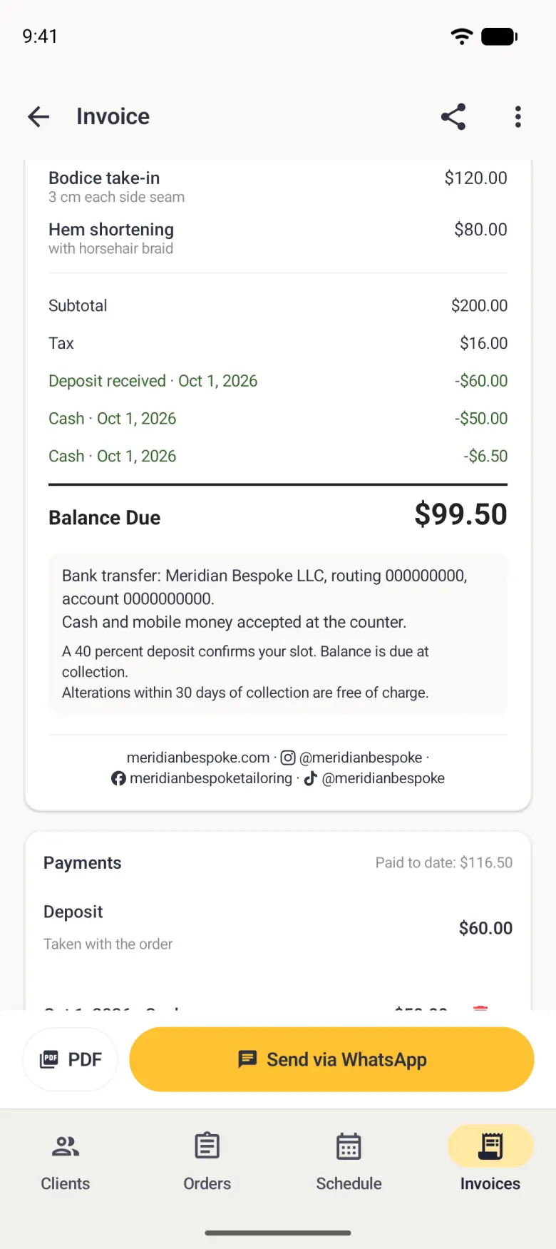 Invoice INV-7 showing the 60 dollar deposit and cash payments of 50 dollars and 6 dollars 50 deducted in green in the totals block, with a balance due of 99 dollars 50.
