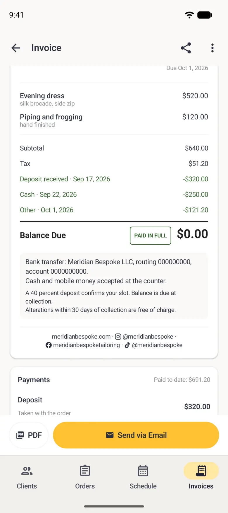 Invoice INV-2 for Grace Chen with a new green row, Other, Sep 25, 2026, minus 121 dollars 20, under the deposit and cash payment, and a balance due of 0 dollars beside a green-outlined PAID IN FULL stamp.