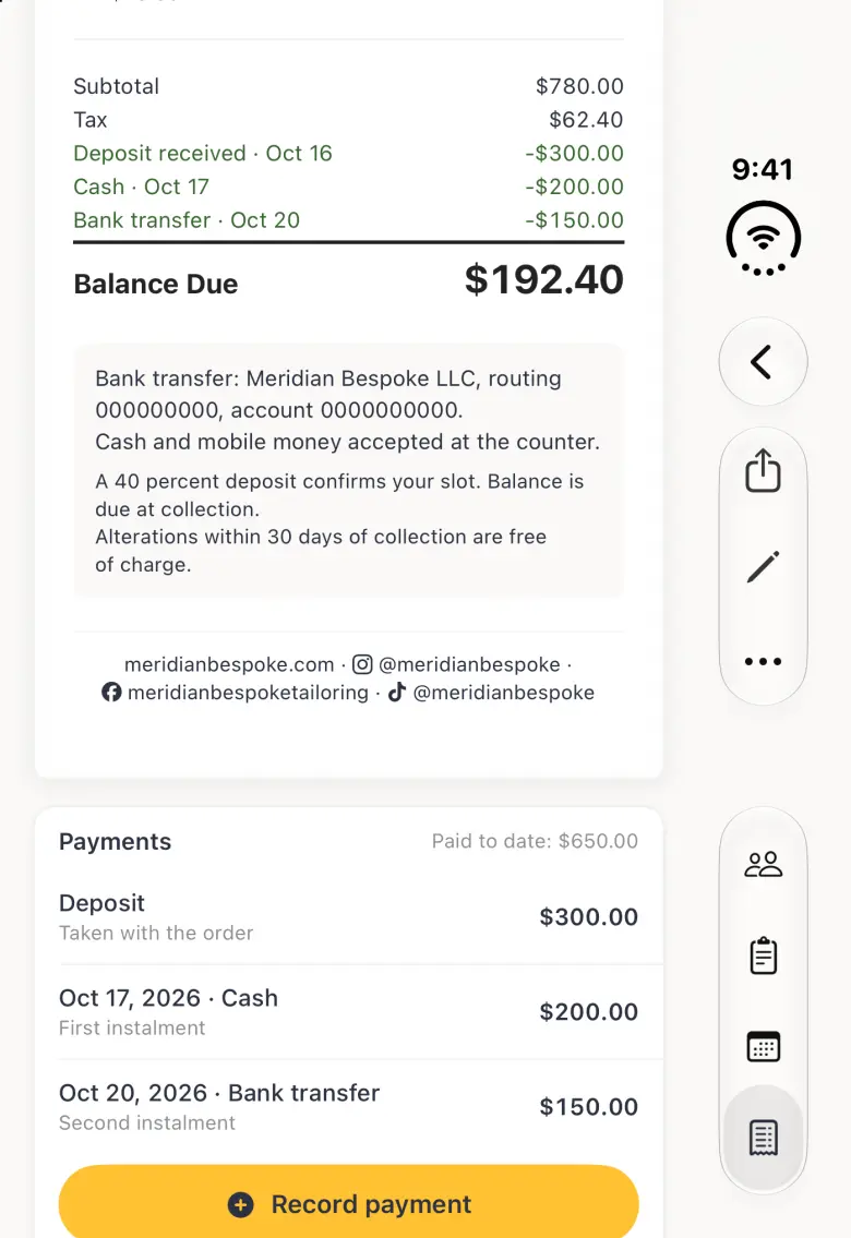 The lower part of invoice INV-5 on the closed iPhone Duo, with Back and the Share, Edit and More capsule in the vertical bar strip on the right edge: the totals ending in a Balance Due of $192.40, a pale plate with the bank transfer details and payment terms, then a centred footer reading meridianbespoke.com, @meridianbespoke with the Instagram logo, meridianbespoketailoring with the Facebook logo and @meridianbespoke with the TikTok logo. Below the document the Payments card lists the $300.00 deposit, a $200.00 cash first instalment and a $150.00 bank transfer second instalment above the top of a gold Record payment button at the bottom edge.